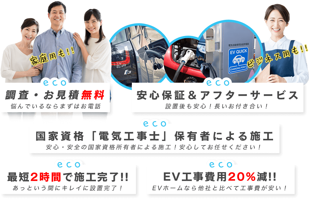 調査・お見積無料、安心の5年保証＆アフターサービス、国家資格「電気工事士」保有者による施工最短2時間で施工完了